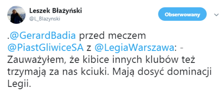 Ciekawe słowa piłkarza Piasta przed meczem z Legią